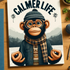 Reece the CALMR Chimp in yoga pose under a title of Calmer Life